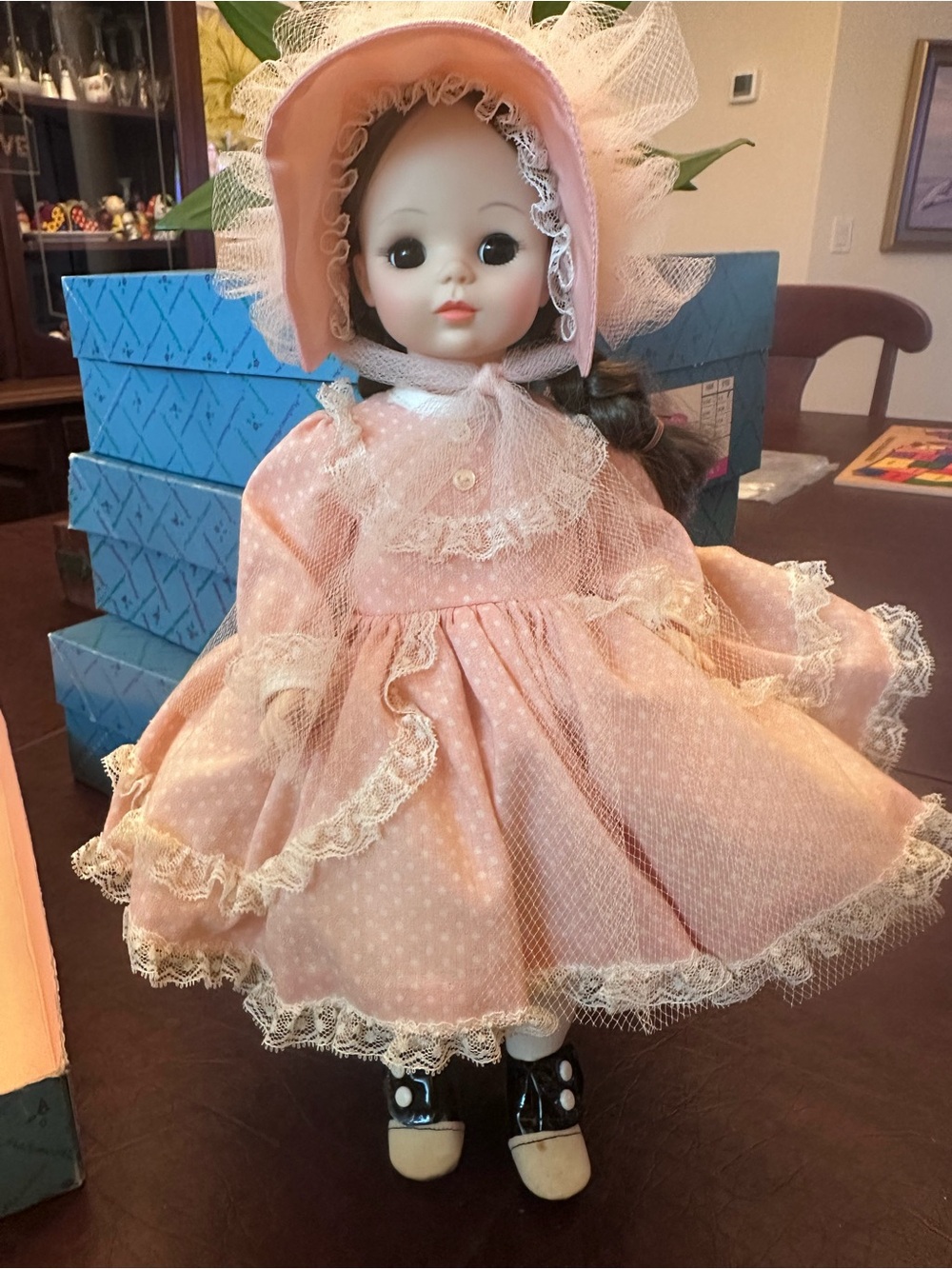 Madame Alexander Pink Lace Doll with Bonnet and Black-White Shoes